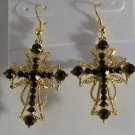 Gold Plated Black Crystal Cross Pierced Earrings