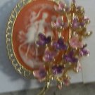 One of a Kind Cameo Purple Enamel Flowers 3 Muses Gold Plated Pin Brooch #5