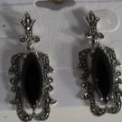 Elegant Design Fancy Sterling Silver 925 Marcasite Onyx Pierced Earrings 1 1/2"