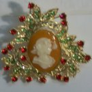 One of a Kind Cameo Red Green Crystals Gold Plated Pin Brooch #4