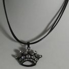 Black Enamel Clear Crystal Crown Pendant Necklace