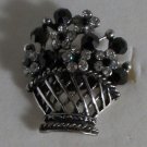 Elegant Silver Plated Black and Clear Crystal Flower Basket Ring