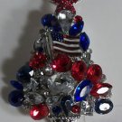 Silver American Flag Red White Blue Crystal & Enamel Christmas Tree Pin Brooch