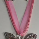 Pink Enamel Pink Crystal Butterfly Necklace Earrings Set with Silver Flowers