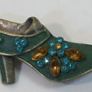 Vintage Style Green Enamel Green Orange Crystal Shoe Pin Brooch