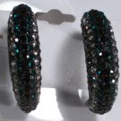 Japanned Black Enamel Pave Black Green Clear Hoops Crystal Pierced Earrings