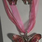 Silver Plated Pink Enamel & Crystal Butterfly Necklace Pierced Earrings Set