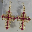 Gold Plated Pink Topaz Crystal Cross Pierced Earrings