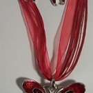 Silver Plated Red Enamel & Crystal Butterfly Necklace Pierced Earrings Set