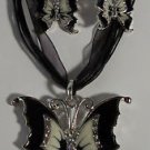 Black Enamel Crystal Butterfly Necklace Earrings Set