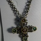 Elegant Flower Victorian Style Green & Topaz Gold Plated Enamel Cross Necklace