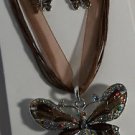 Brown Enamel Crystal Silver Plate Butterfly Necklace Earrings Set