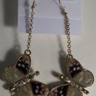 Green Brown Enamel Crystal Gold Butterfly Earrings 3"
