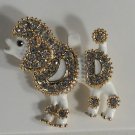 White Enameled Clear Crystal Fancy Gold Poodle Dog Pin Brooch