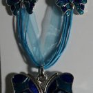 Blue Enamel With Crystal Butterfly Necklace Pierced Earrings Matching Set