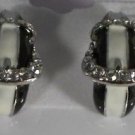 Pave Clear Crystal with White and Black Enamel Buckle Pierced Earrings