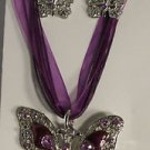 Purple Enamel Purple Crystal Butterfly Necklace Earrings Set with Silver Flowers