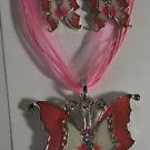 Pink Enamel Crystal Butterfly Necklace Earrings Set