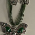 Green Enamel Green Crystal Butterfly Necklace Earrings Set with Silver Flowers