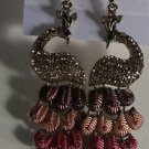 Topaz Crystal Brown Red Enamel Gold Plated Pierced Peacock Earrings