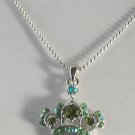 2 Shades of Green Crystal Crown Silver Plate Pendant Necklace