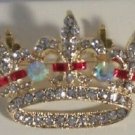 Elegant Gold Plated Red Aurora Borealis Crystal Crown Pin Brooch