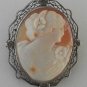 Vintage Sterling Silver Carved Victorian Filigree Cameo Brooch Pin Signed WH