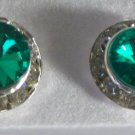 Round Green and Clear Crystal Pierced Silver Plated Earrings