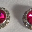 Round Pink and Clear Crystal Pierced Silver Plated Earrings