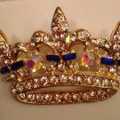 Elegant Gold Plated Cobalt Blue Aurora Borealis Crystal Crown Pin Brooch