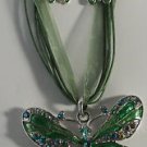 Green Enamel & AB Crystal Silver Plate Butterfly Necklace Earrings