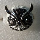 Black Crystals with Black Enamel in Silver Plate Owl Ring