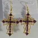 Gold Plated Purple Topaz Crystal Cross Pierced Earrings