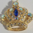 Cobalt Blue Aurora Borealis Crystal Gold Plated Crown Pin Pendant