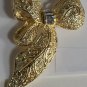 Gold Plated Old Fashioned Bow Pin Brooch with Baguette Clear Crystals