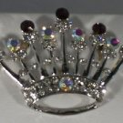 Elegant Purple and Aurora Borealis Crystal Silver Crown Pin Brooch