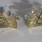 Gold Plate with Aurora Borealis Crystal Pierced Crown Earrings