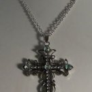 Aurora Borealis Crystal Cross Necklace 30" Silver Plate Chain