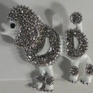 White Enameled Clear Crystal Fancy Silver Poodle Dog Pin Brooch