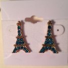 Gold Plated Blue Crystal Eiffel Tower Pierced Post Earrings
