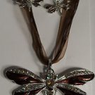 Dragonfly Necklace Earrings Set Brown Enamel Crystal