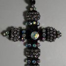 Black Mourning Style Aurora Borealis and Clear Crystal Cross Pendant Necklace