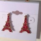 Gold Plated Red Crystal Eiffel Tower Pierced Post Earrings