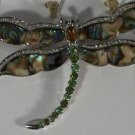 Abalone with Green & Clear Crystal Silver Dragonfly Pin