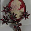 Red Cameo Pin in Pink Gold Metal Red Crystal Flowers