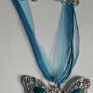 Blue Enamel Blue Crystal Butterfly Necklace Earrings Set with Silver Flowers