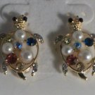 Gold Plated Clear Pink green Crystal White Pearl Turtle Pierced Post Earrings