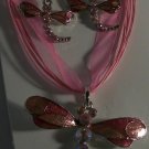 Pink Enamel & Crystal Silver Plate Dragonfly Necklace Earrings