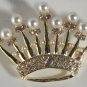 Beautiful Finish Gold Crown Pin Brooch with Pearls & Clear Crystals