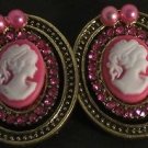 Pink Crystal Silver Plated Pierced Cameo Earrings